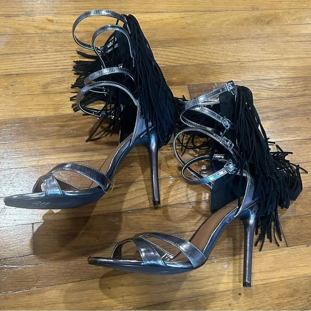 Nasty Gal String Your Heart Out Fringe Tassel Pewter Silver Stiletto Heels - Picture 9 of 9